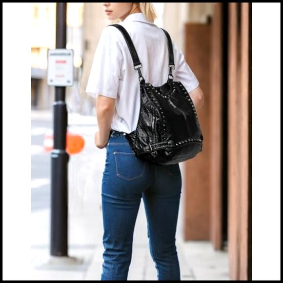 Convertible Backpack Purse PU Leather Studded Rucksack Shoulder Bag Chic main image 4